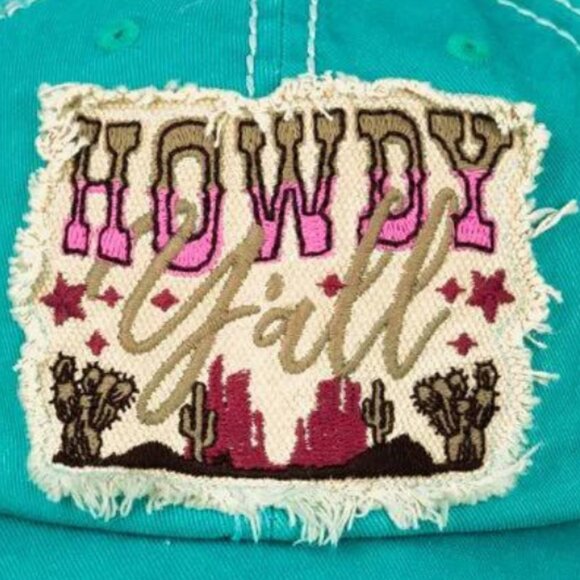 Howdy Y'all Turquoise Distressed Baseball Cap Western Country Cactus Hat - Picture 2 of 3